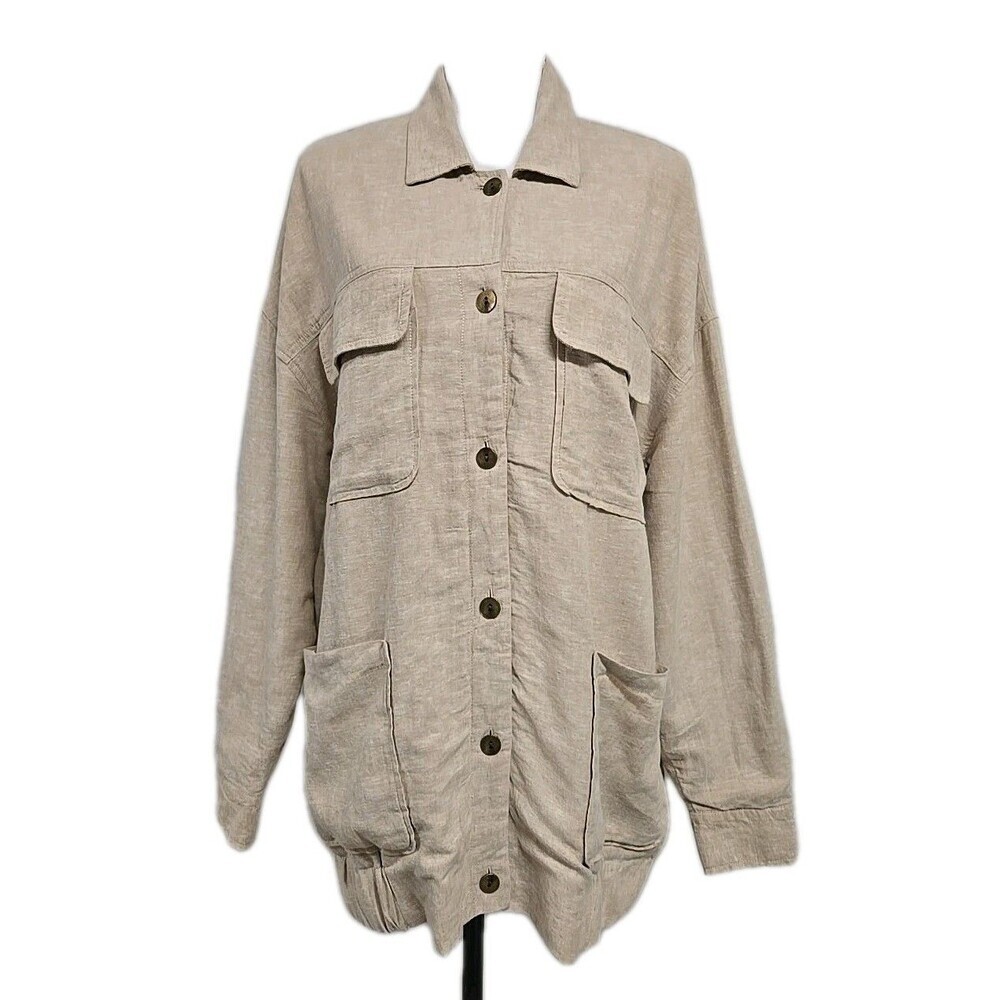The Normal Brand Oversized Camp Shacket Jacket Linen Blend Tan Beige‎ Women's L
